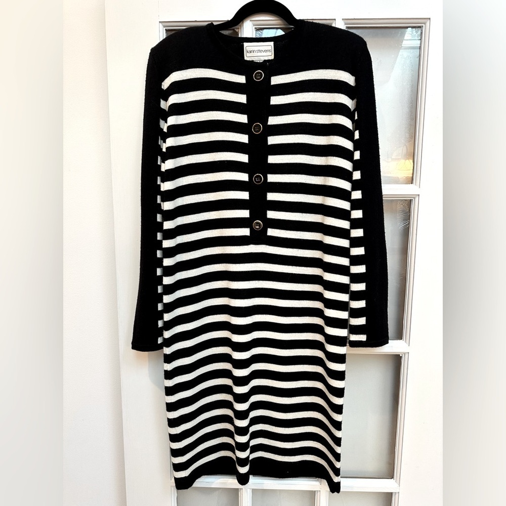 Vintage Karin Stevens Y2K Black White Stripe Wool Knit Sweater Dress Size S